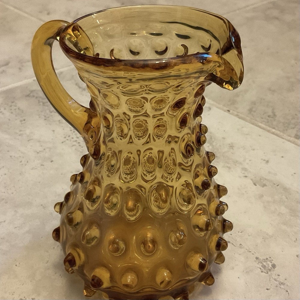 Vtg Empoli Amber Hobnail Glass Pitcher Fall Table Decor Blown Glass MCM 6in